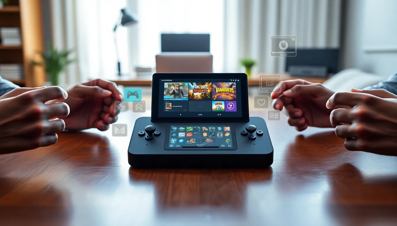 Steam Deck on a table showcasing emulators and gaming interface.