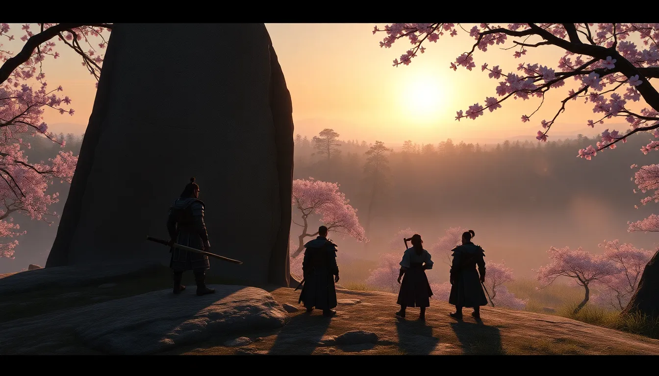 diverse warriors strategizing in a cherry blossom landscape.