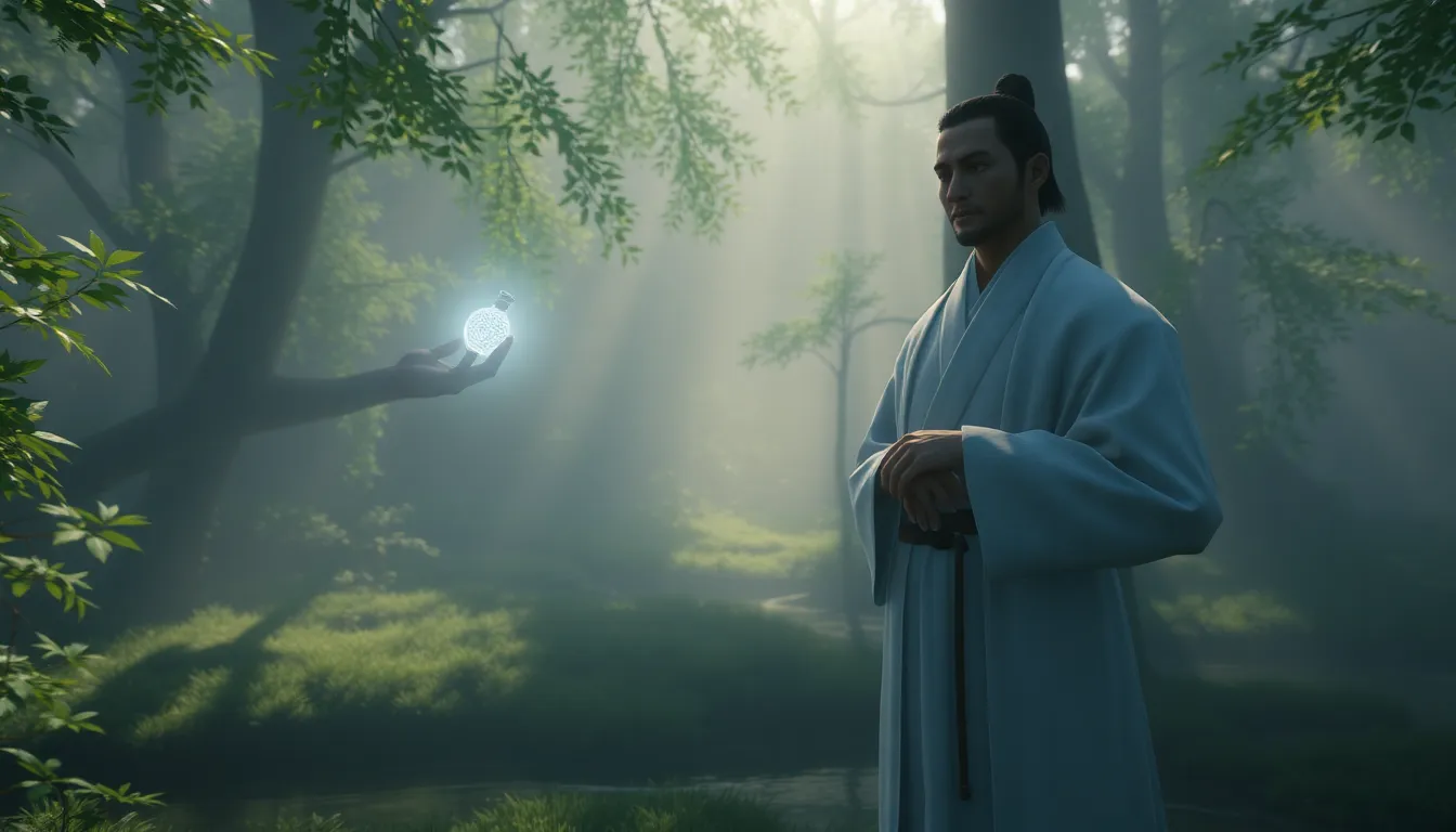 White Dye Merchant in a misty forest, symbolizing transformation and choice.
