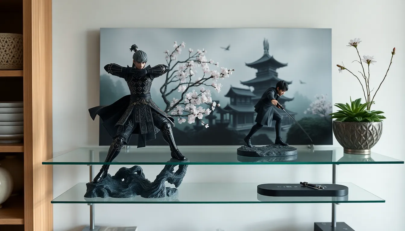 display of Ghost of Tsushima figures in a modern collector's room.