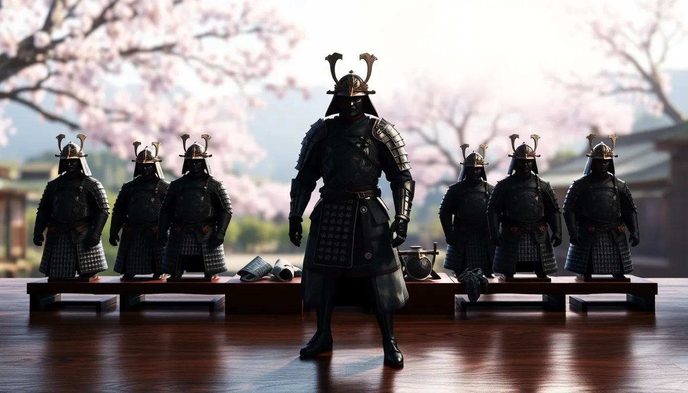 various historical armor sets from Ghost of Tsushima on a table.