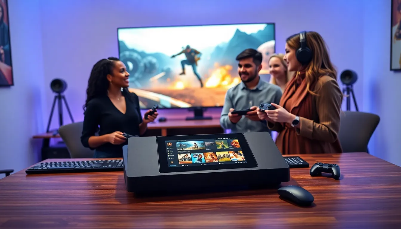 gaming professionals discussing the Steam Deck in a modern setup.