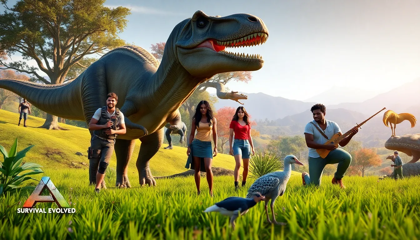 players engaging with prehistoric animals in a vibrant landscape.