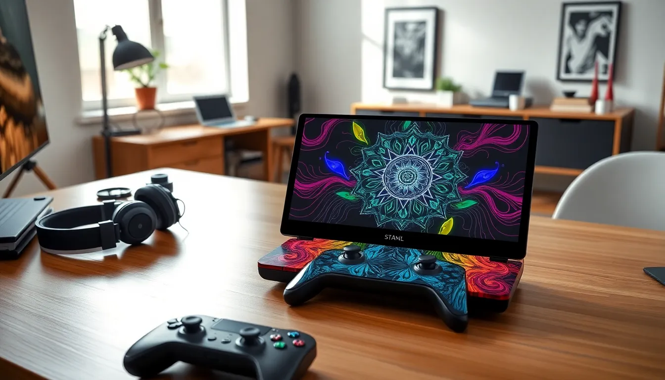 Steam Deck with colorful vinyl skins on a stylish desk.