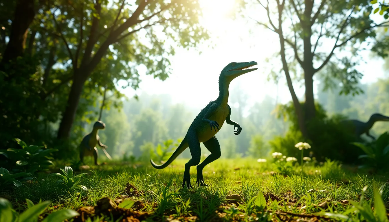 A Troodon leaping in a vibrant, prehistoric-themed environment.