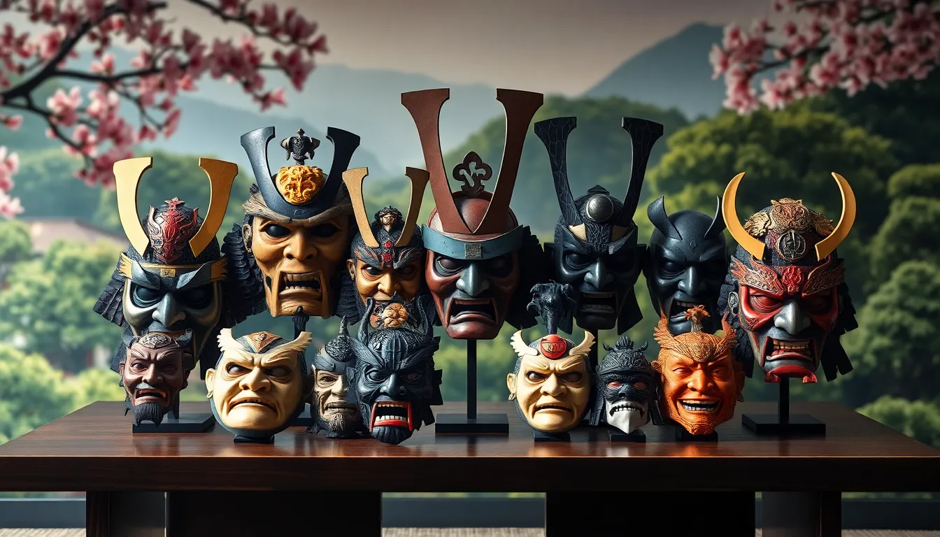 collection of traditional Japanese samurai masks from Ghost of Tsushima.