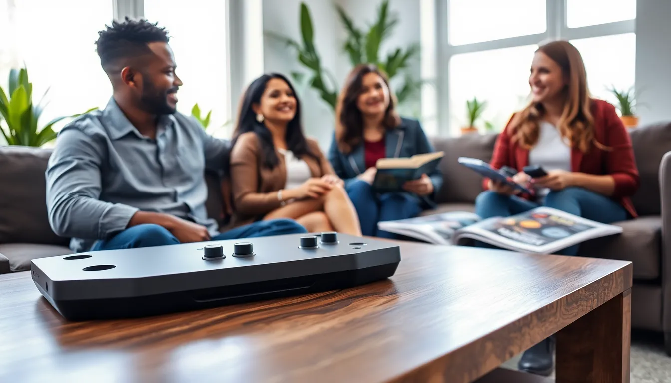 Steam Deck in a protective case on a coffee table with people discussing.