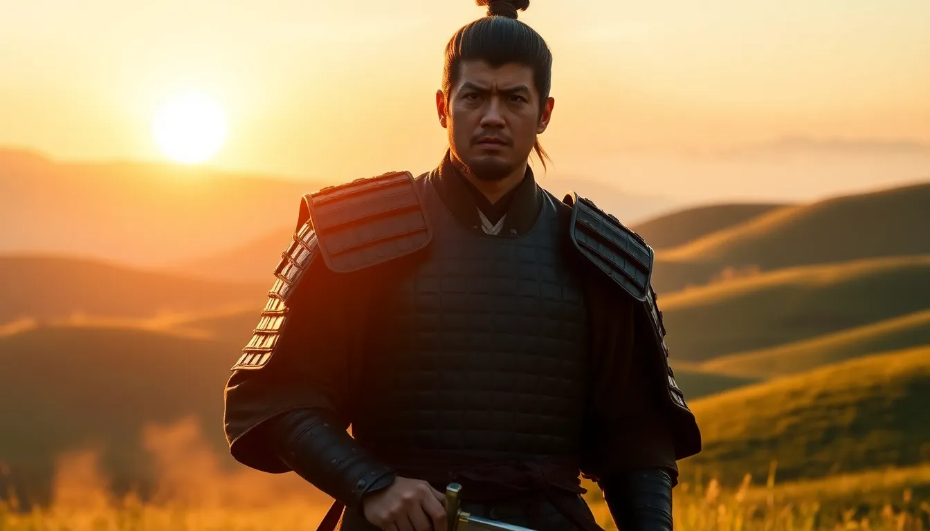 Jin Sakai in samurai armor standing in a lush landscape at sunset.